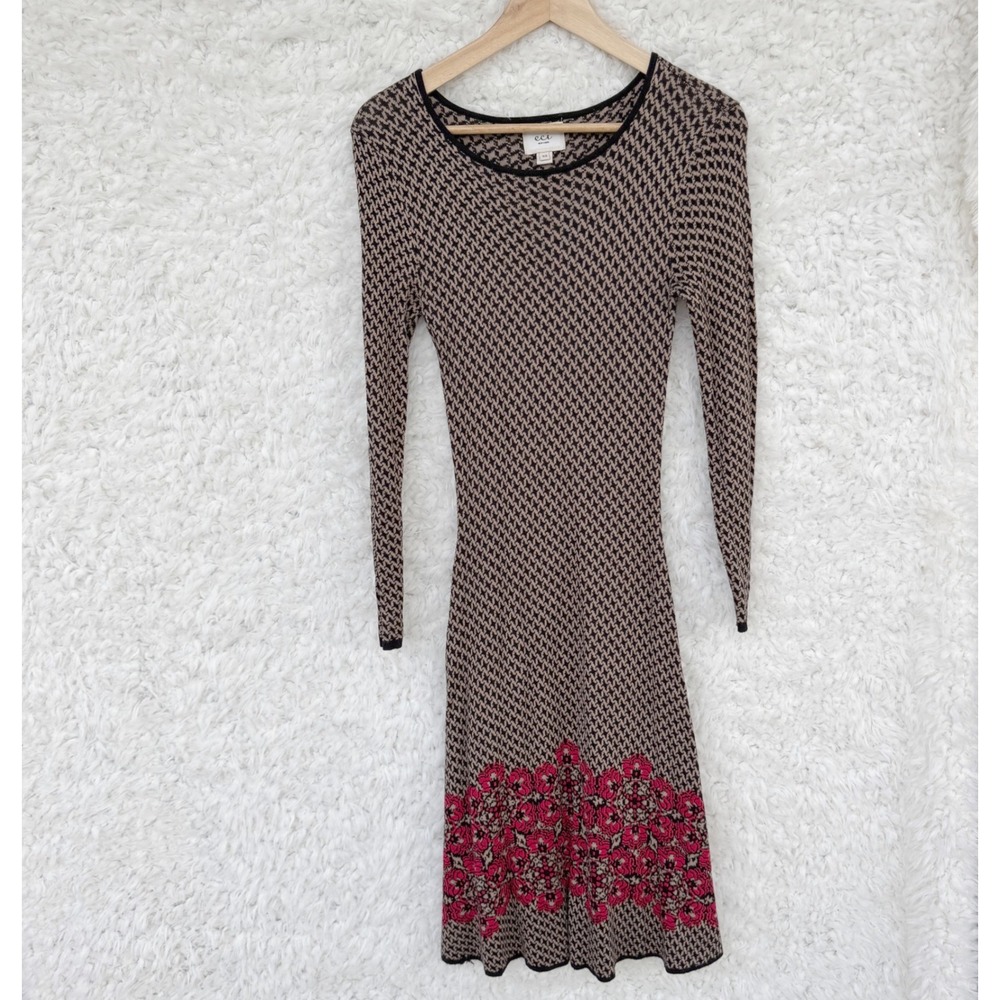 ECI New York Sweater Dress Patterned Knit‎ Long Sleeve Red Geometric Hem XS